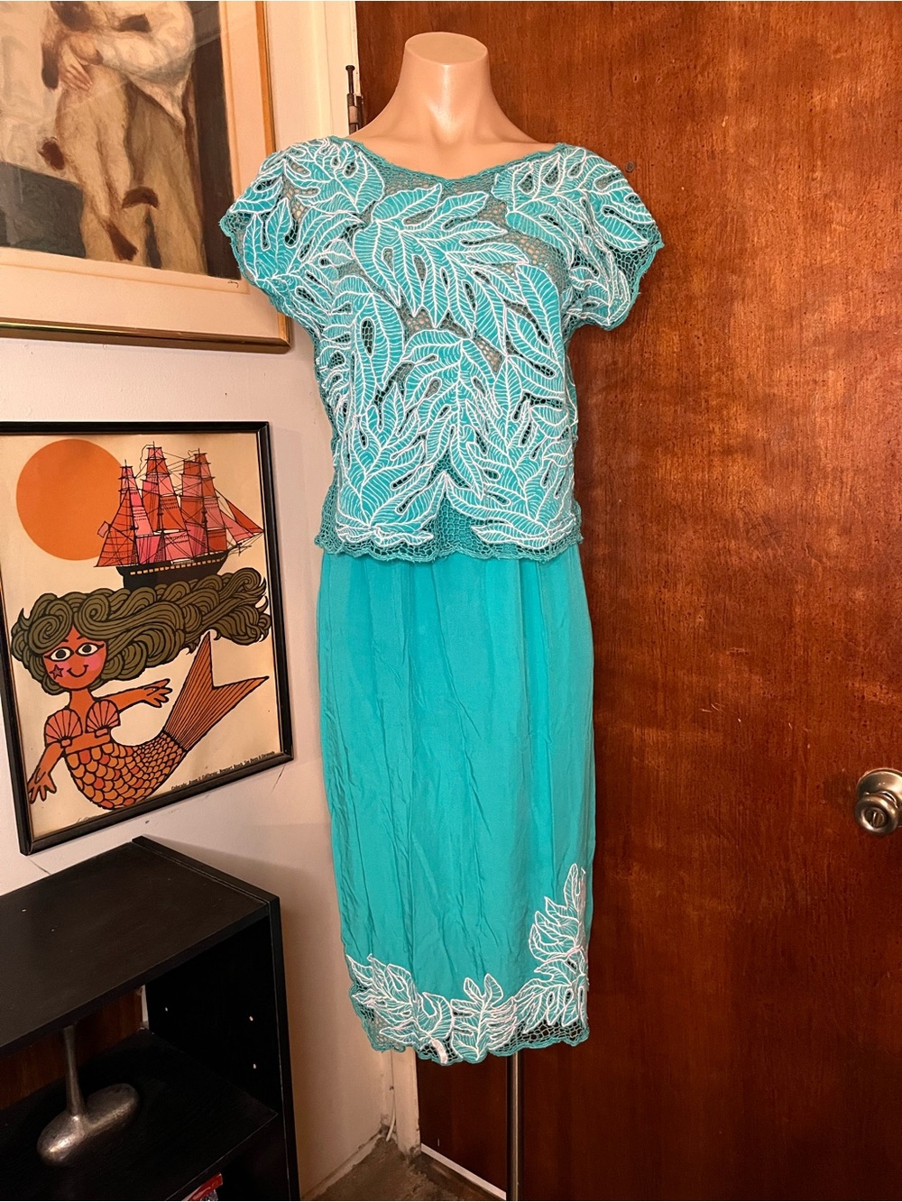VTG 80s Teal Boho Skirt Top Set Leaf Cutwork Embroidery Cottage Hippy M